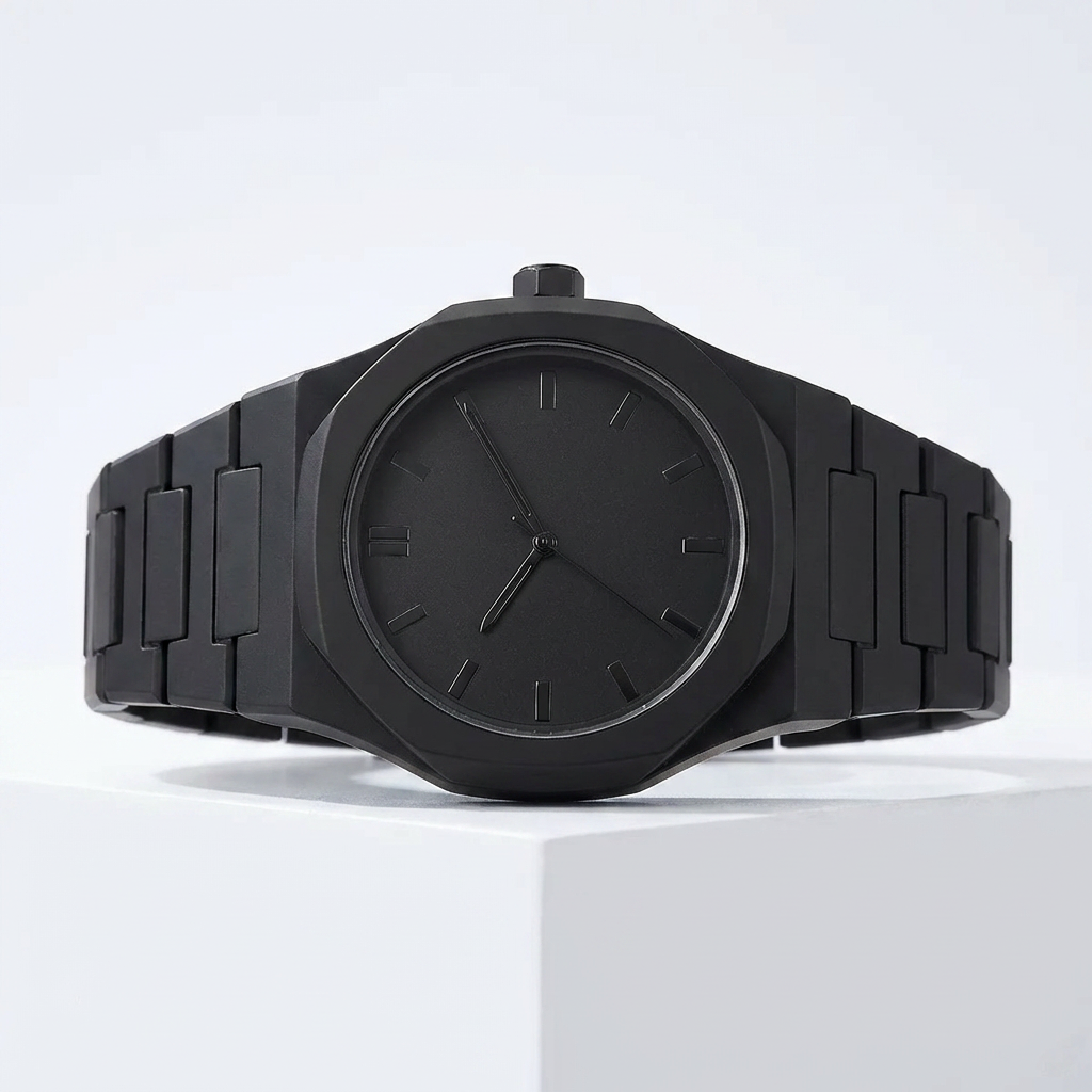 Celé černé minimalistické hodinky – nenápadný ciferník
