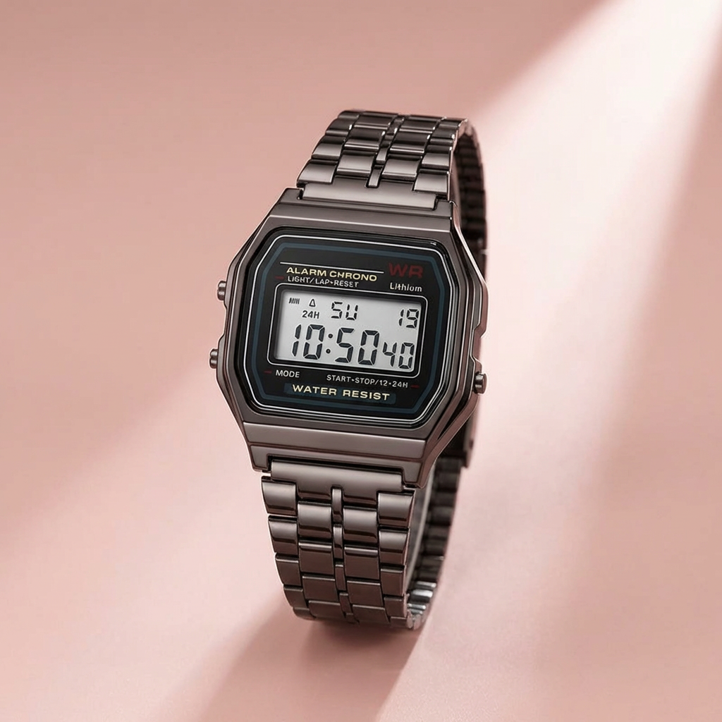 Ceas digital retro – ediție din oțel aur roz
