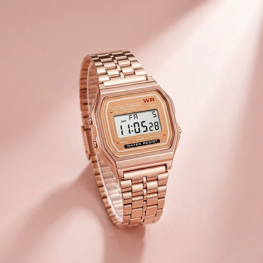 Retro Digital Watch – Rose Gold & Silver