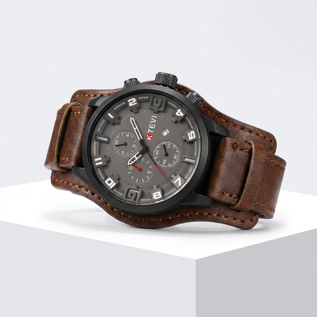 Retro Chronograph Watch – Large Dial Leather Strap