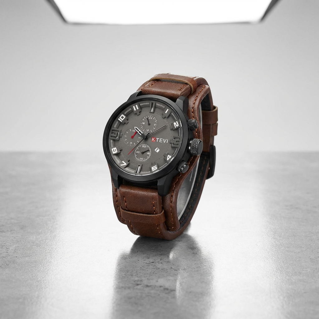 Retro Chronograph Watch – Large Dial Leather Strap